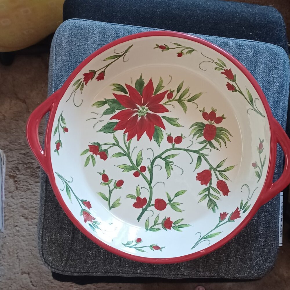 Christmas Entertaining Unbranded Poinsettia Round Ceramic Handled Baking Dish
